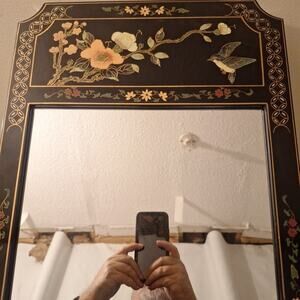 Vintage Black Lacquer Chinoiserie Scenery Motif Oriental Mirror Hand Painted